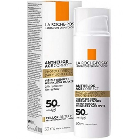 Presentación en frasco de 50 ml y caja oficial de La Roche-Posay Anthelios Age Correct SPF50 Crema