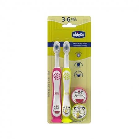 CHICCO CEPILLO DENTAL INFANTIL 3-6 AÑOS 2 UNIDADES COLOR ROSA Y LIMA