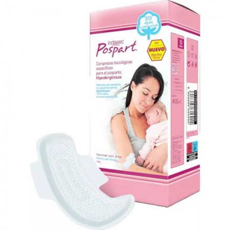 INDASEC POSPART COMPRESAS TOCOLOGICAS DE ALGODON NORMAL CON ALAS 10 UNIDADES