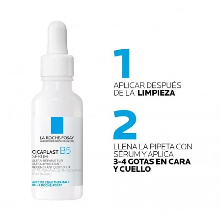 Instrucciones de uso del sérum Cicaplast B5 aplicando 3 a 4 gotas en cara y cuello