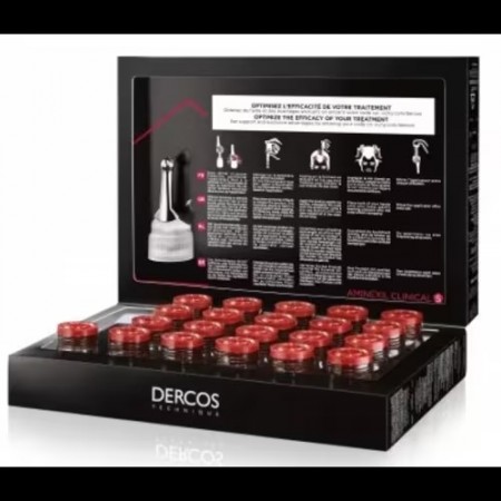 Estuche desplegado con 21 ampollas y guía de aplicación del tratamiento anticaída para hombre Vichy Dercos Aminexil Clinical 5