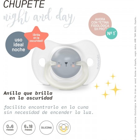 SUAVINEX NIGHT & DAY CHUPETE SILICONA SXPRO 6-18 MESES 2 UNIDADES BRILLA EN LA OSCURIDAD