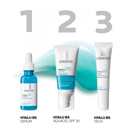 Rutina rellenadora y protectora completa con sérum, Aquagel SPF30 y contorno de ojos Hyalu B5