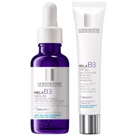 LA ROCHE POSAY PACK ANTIMANCHAS: MELA B3 SERUM 30ML + MELA B3 CREMA 40ML + REGALO NECESER MORADO