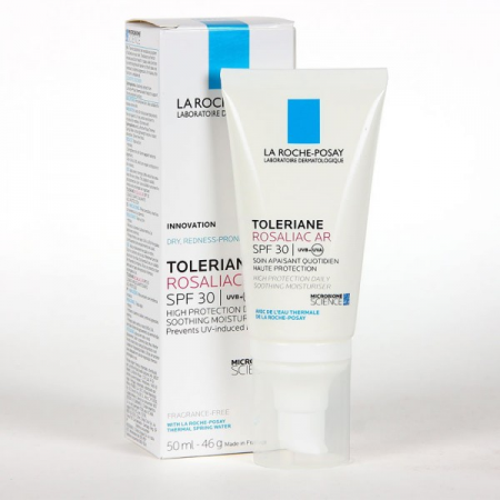 Presentación en caja y tubo con dosificador de La Roche-Posay Toleriane Rosaliac AR SPF30