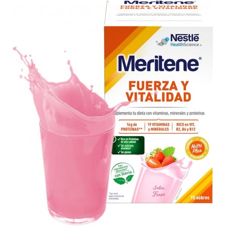 MERITENE FUERZA Y VITALIDAD BATIDOS SABOR FRESA 15 SOBRES 450G