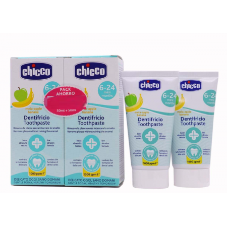 PASTA DENTAL INFANTIL CHICCO PACK AHORRO 50ML + 50 ML SABOR PLATANO/MANZANA
