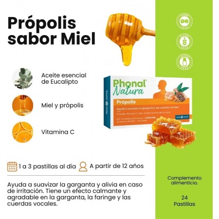 PHONAL NATURA PROPOLIS SUAVIZA GARGANTA Y CUERDAS VOCALES 24 PASTILLAS SABOR MIEL