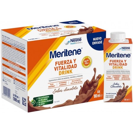MERITENE FUERZA Y VITALIDAD DRINK SABOR CHOCOLATE 12 BOTELLAS 180 ML + 2 DE REGALO