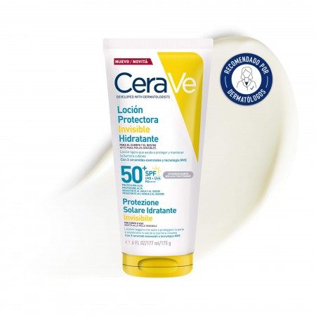 CeraVe loción protectora invisible de cara y cuerpo SPF 50+ recomendada por dermatólogos