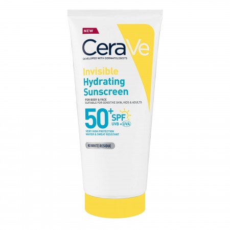 Crema solar CeraVe Invisible Hydrating Sunscreen SPF 50+ para rostro y cuerpo sobre fondo blanco