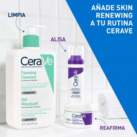 Rutina antiedad CeraVe para limpiar con gel espumoso y alisar con serum de retinol