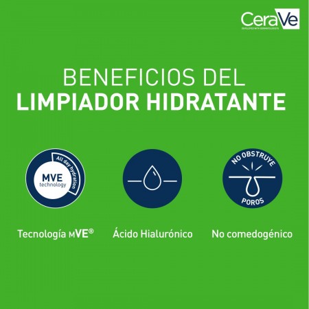 Propiedades de CeraVe con tecnología MVE, ácido hialurónico y fórmula no comedogénica