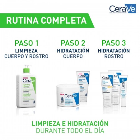 Pasos de la rutina CeraVe para limpieza de cuerpo y rostro seguidos de hidratación profunda