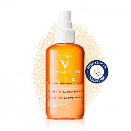 Vichy Capital Soleil Agua de Protección Solar Bronceadora SPF 50 recomendada por dermatólogos
