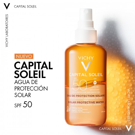 Presentación del agua de protección solar corporal Vichy Capital Soleil SPF 50