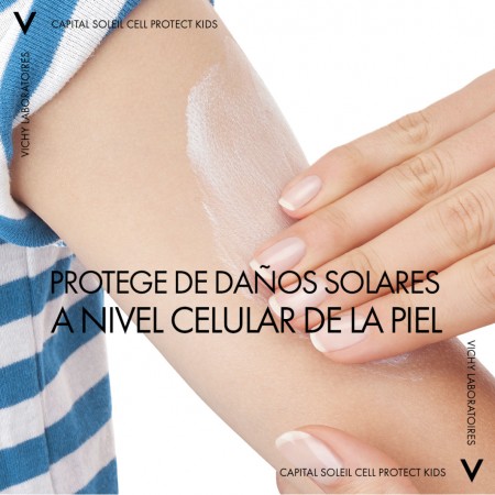 Aplicación del fluido solar infantil Vichy para proteger la delicada piel de los niños a nivel celular