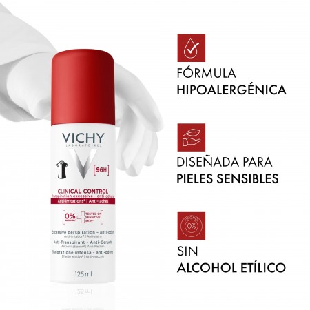 Fórmula hipoalergénica sin alcohol etílico de Vichy desodorante en spray para pieles sensibles