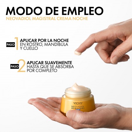 Modo de empleo de la crema de noche Vichy Neovadiol aplicando suavemente en rostro y cuello