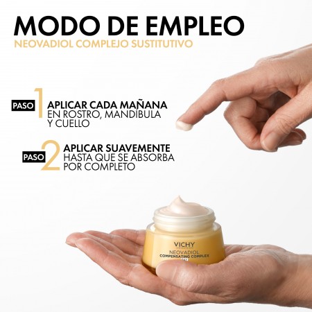 Modo de empleo de la crema de día Vichy Neovadiol aplicando cada mañana en rostro y cuello