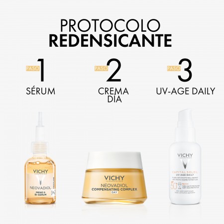 Protocolo redensificante completo de Vichy con sérum, crema de día para piel seca y fluido protector UV