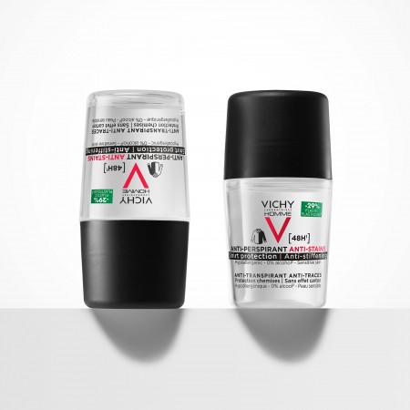 Diseño del envase del desodorante roll-on antimanchas para hombre Vichy Homme