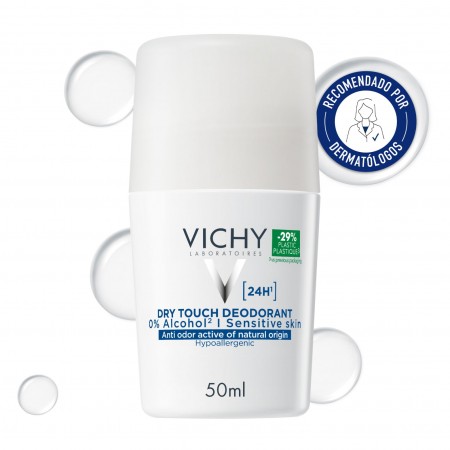 Desodorante Vichy tacto seco recomendado por dermatólogos para el cuidado de pieles sensibles