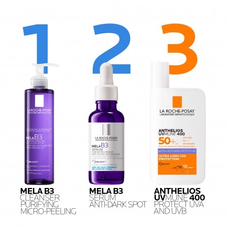 Protocolo antimanchas completo con limpiador, sérum Mela B3 y protector solar La Roche-Posay