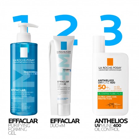 Rutina purificante e hidratante para piel grasa con Effaclar Gel Limpiador, Effaclar Duo+M y Anthelios Oil Correct