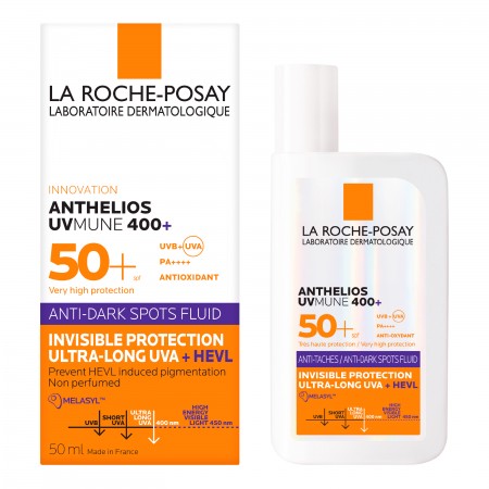 Presentación en envase de 50 ml y caja de La Roche-Posay Anthelios UVMune 400 Fluido Antimanchas