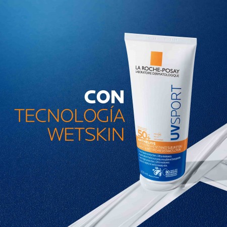 Protector solar corporal con tecnología Wet Skin aplicable en piel mojada Anthelios UVSport SPF50+
