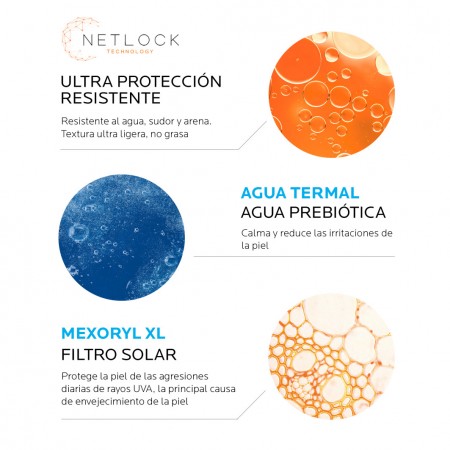 Fórmula con tecnología Netlock, Agua Termal Prebiótica y filtro Mexoryl XL de La Roche-Posay Anthelios