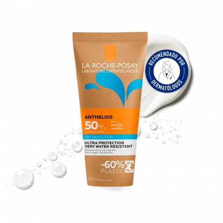 La Roche-Posay Anthelios XL SPF50+ Loción Wet Skin en envase eco-responsable recomendada por dermatólogos