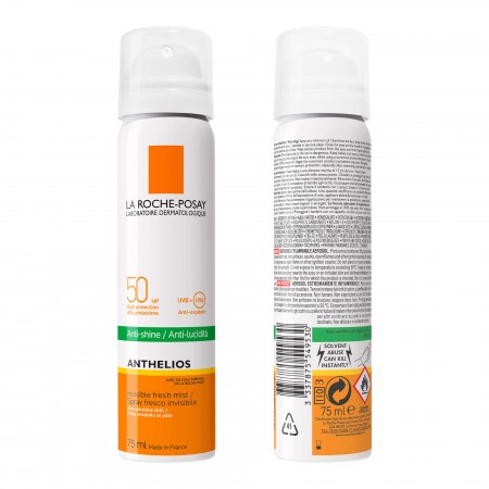 Vista frontal y posterior del spray de 75 ml de La Roche-Posay Anthelios Bruma Anti-Brillos Invisible Facial