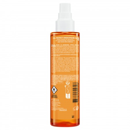 Vista posterior del frasco de spray de 200 ml de Vichy Capital Soleil SPF50+ Aceite Cell Protect