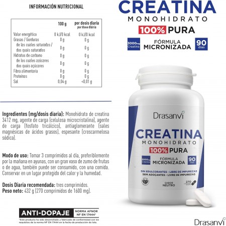 DRASANVI CREATINA MONOHYDRATO 80 MESH SABOR NEUTRO 270 COMPRIMIDOS