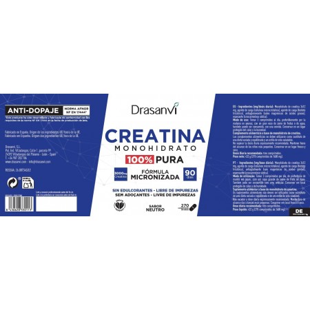 DRASANVI CREATINA MONOHYDRATO 80 MESH SABOR NEUTRO 90 COMPRIMIDOS