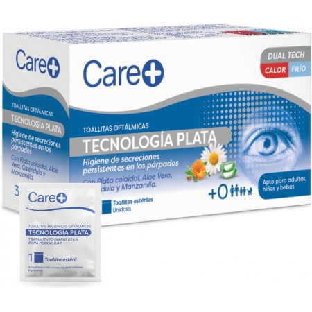 CARE+ TOALLITAS HIGIENICAS OFTALMICAS TECNOLOGIA PLATA 30 MONODOSIS ESTERILES